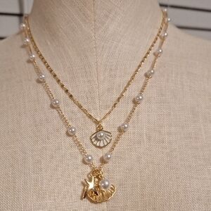Seaslife Inspired Gold And Pearl Becklace Stack